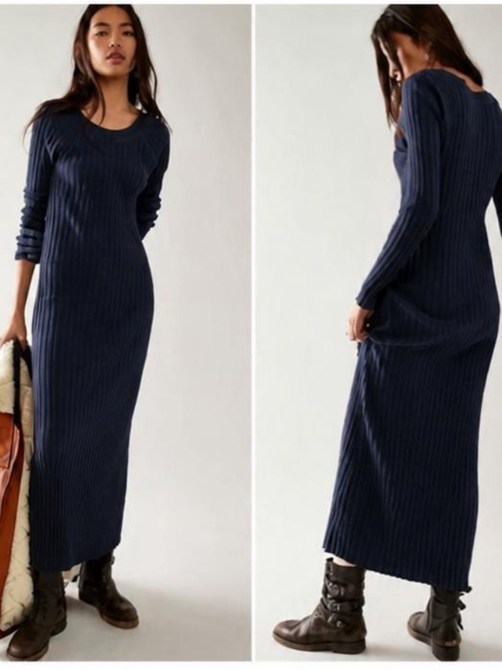 Free People walk about Navy Ribbed Long-Sleeve Maxi Dress